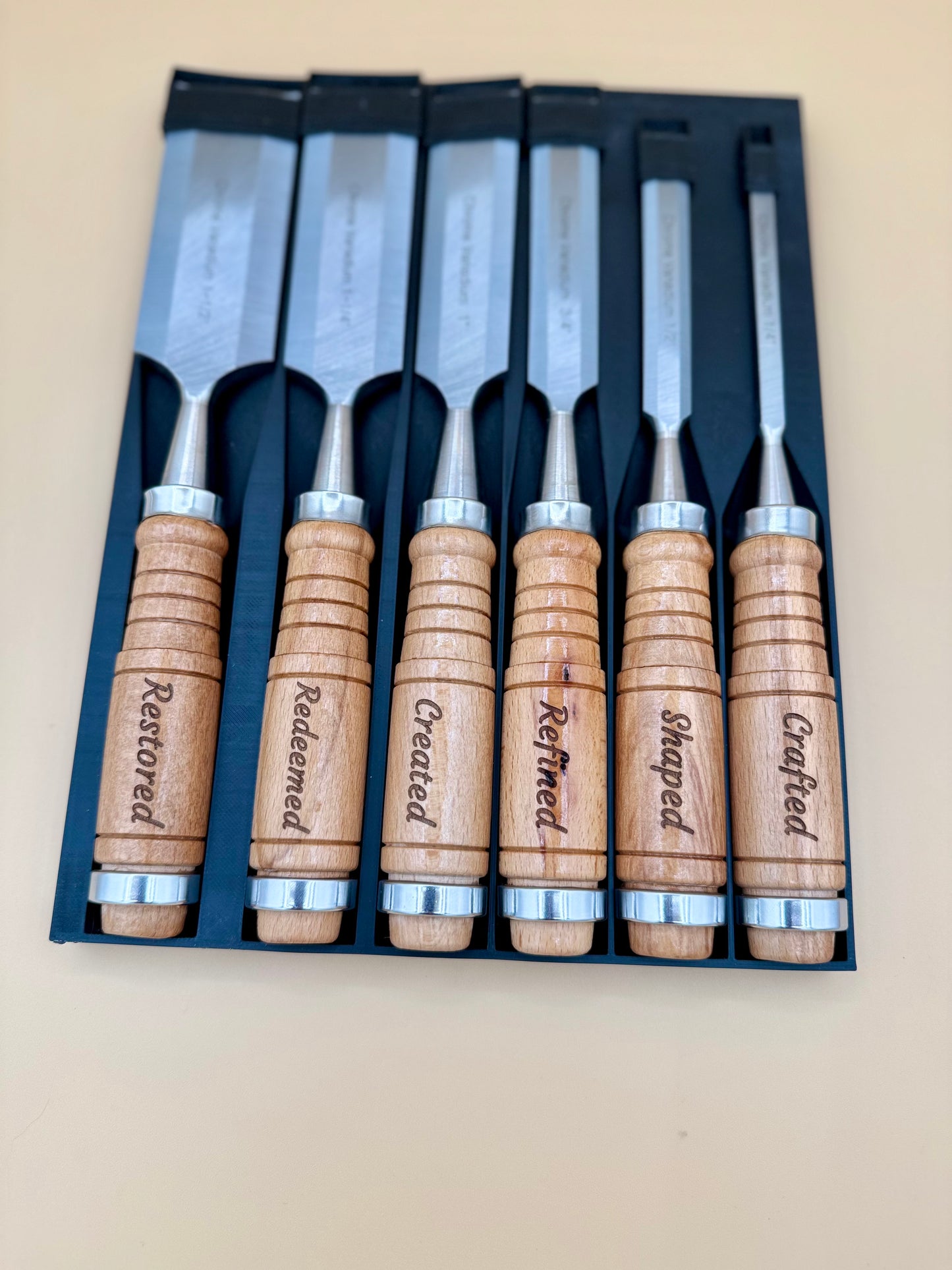 Engraved Hardwood Woodworking Chisel 6-Piece Set - Faith & Craftsmanship - Six-piece chisel set showing Crafted, Shaped, Refined, Created, Redeemed, and Restored handles — His Word Designs