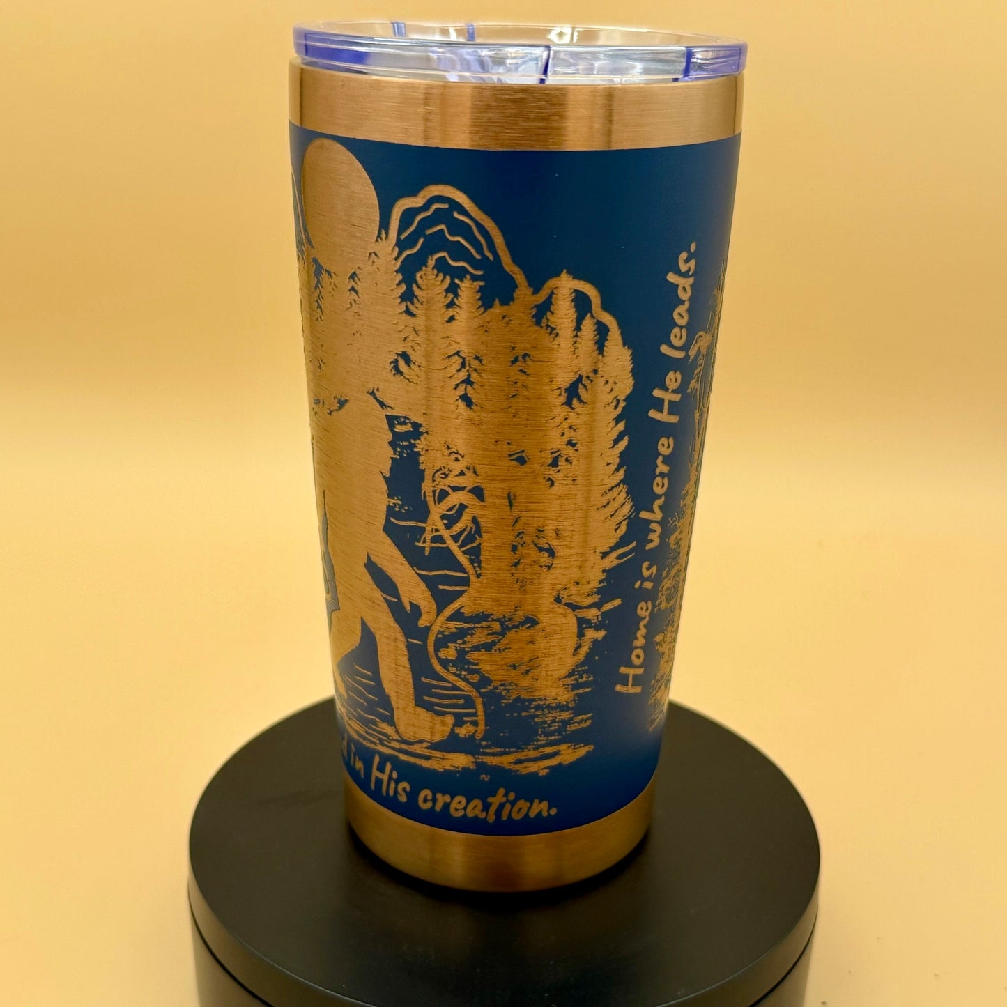 Engraved Bigfoot & Wolf Navy Blue 20 oz Tumbler | Wilderness Faith Travel Mug - HisWord Designs