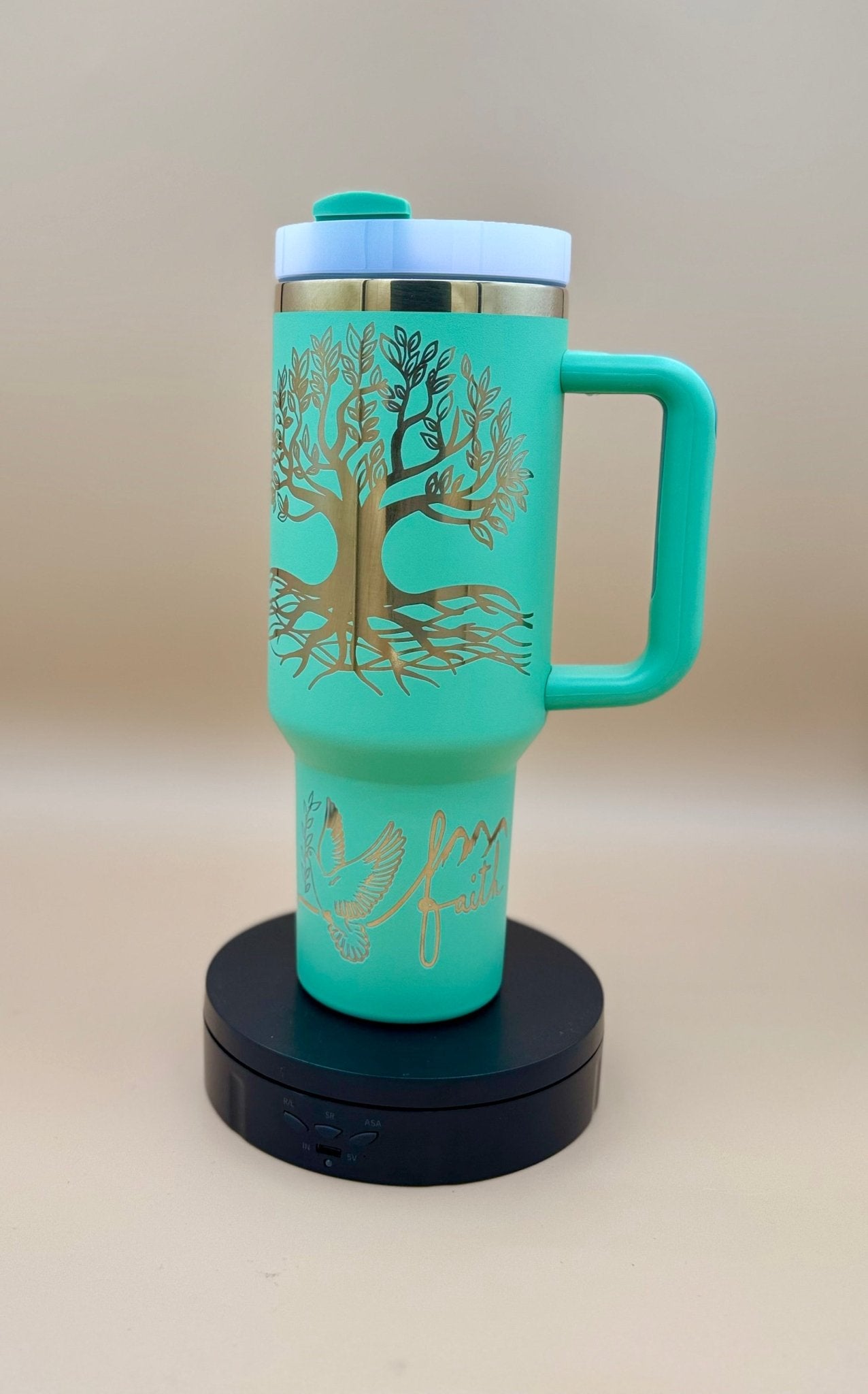 "Rooted in Christ" Hand - Drawn 40oz Teal Tumbler – Original Tree of Life & Scripture Engraved Travel Mug - His Word Designs