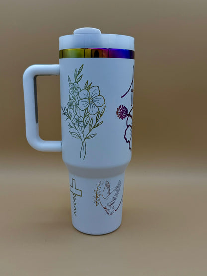 White 40oz “Faith • Love • Saved” Engraved Tumbler with Handle – Dove, Cross & Floral Art - His Word Designs
