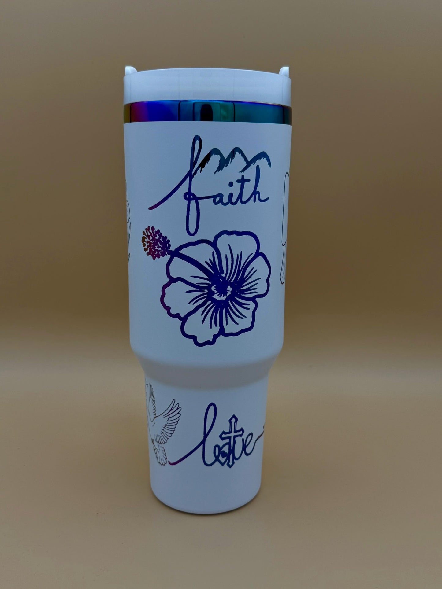 White 40oz “Faith • Love • Saved” Engraved Tumbler with Handle – Dove, Cross & Floral Art - His Word Designs