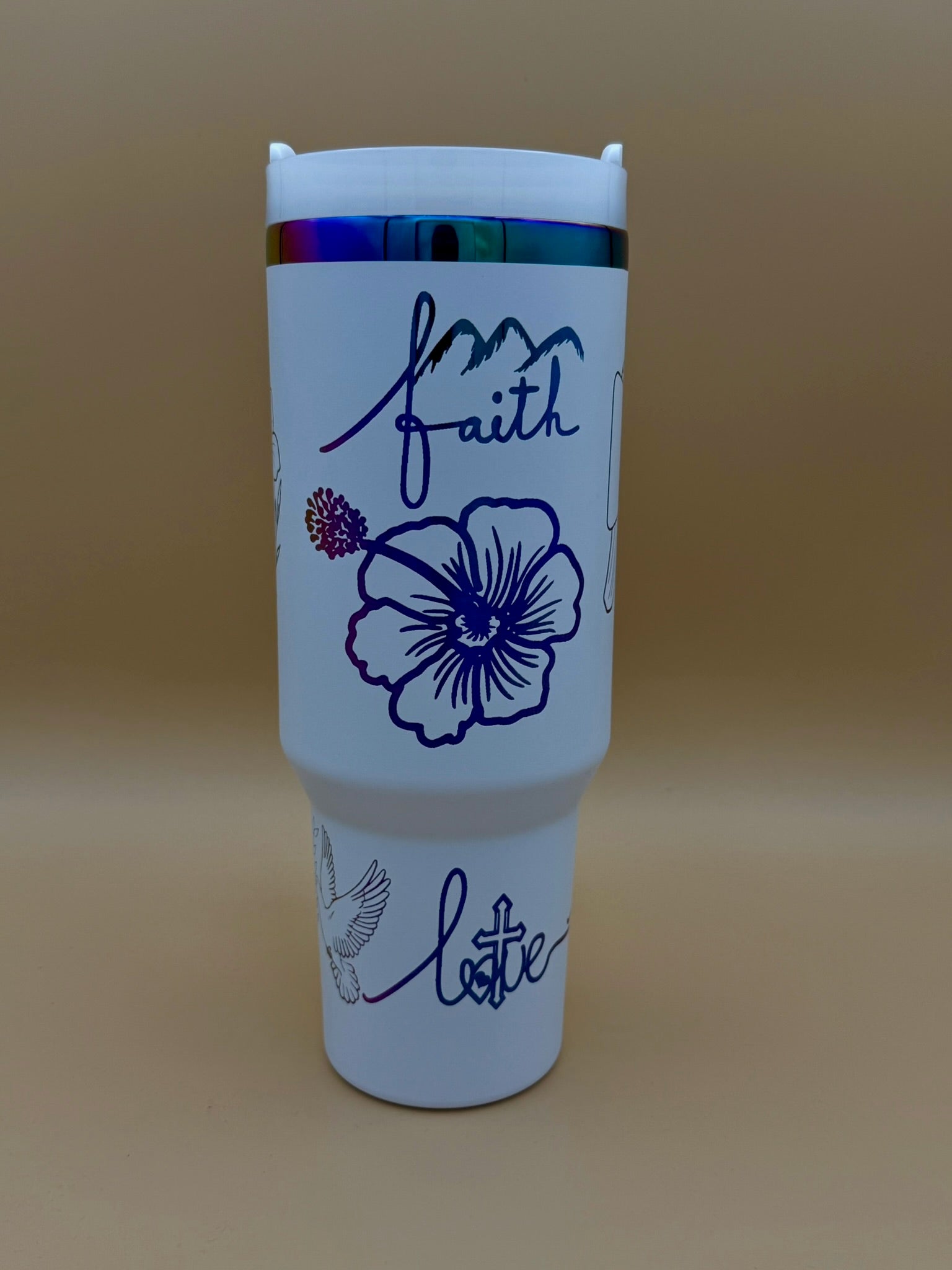 White 40oz “Faith • Love • Saved” Engraved Tumbler with Handle – Dove, Cross & Floral Art - His Word Designs