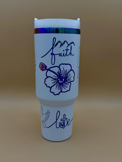 White 40oz “Faith • Love • Saved” Engraved Tumbler with Handle – Dove, Cross & Floral Art - His Word Designs