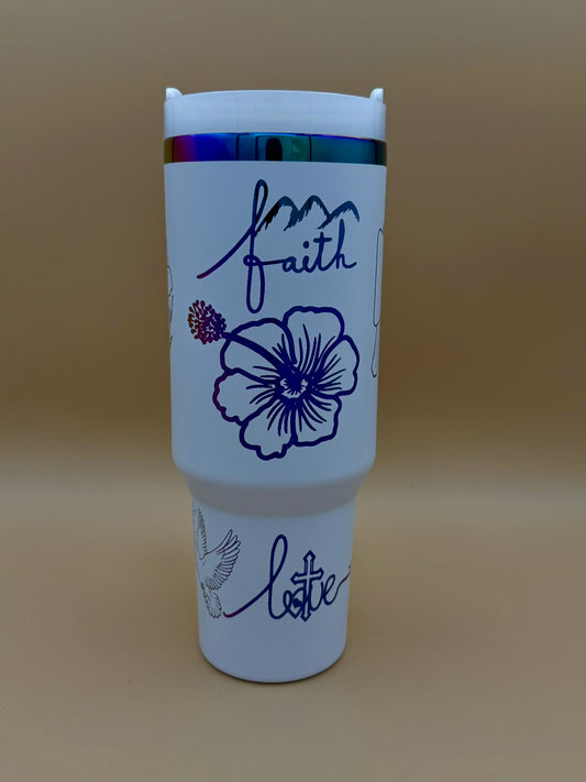 White 40oz “Faith • Love • Saved” Engraved Tumbler with Handle – Dove, Cross & Floral Art - HisWord Designs