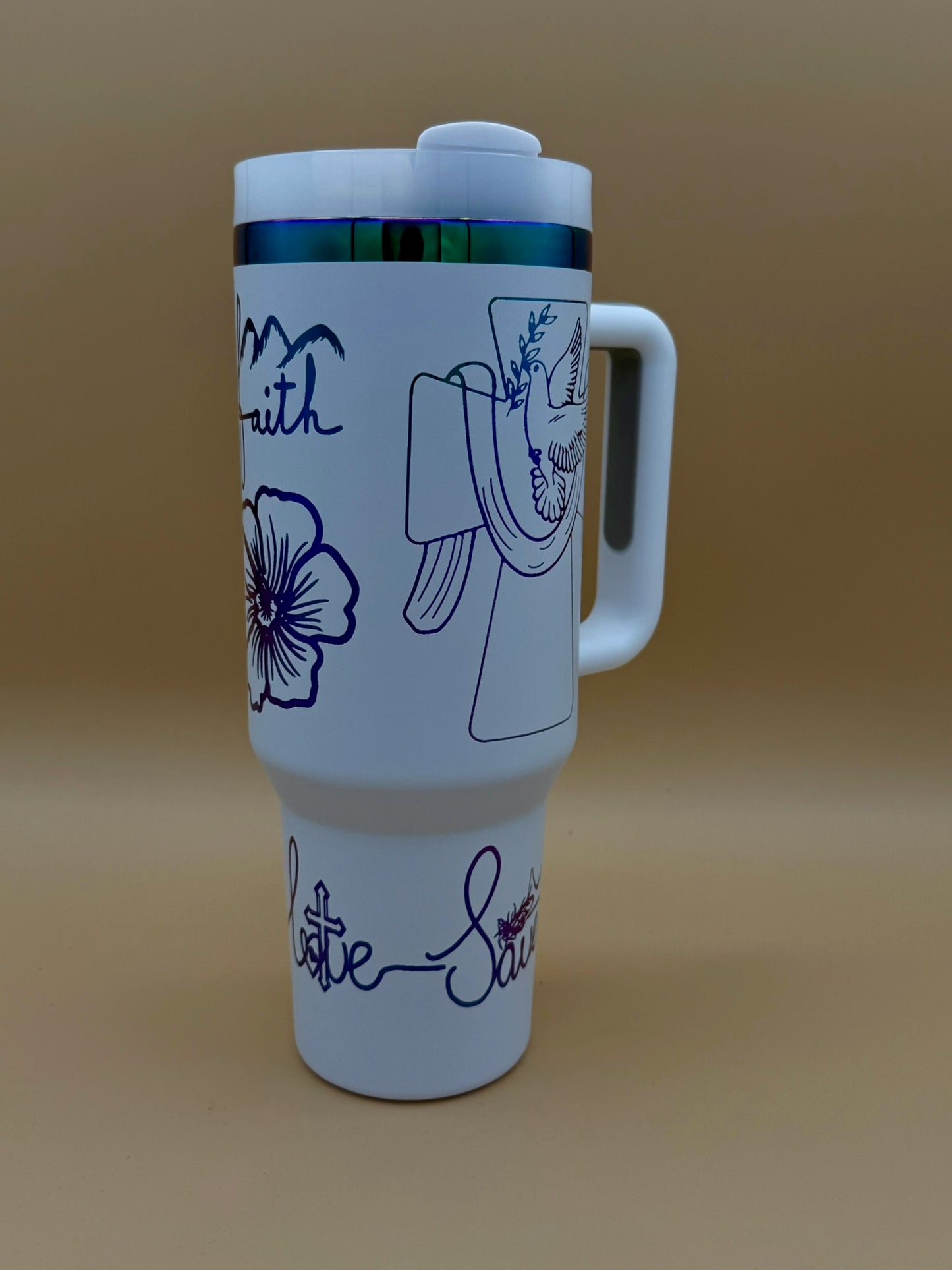 White 40oz “Faith • Love • Saved” Engraved Tumbler with Handle – Dove, Cross & Floral Art - His Word Designs