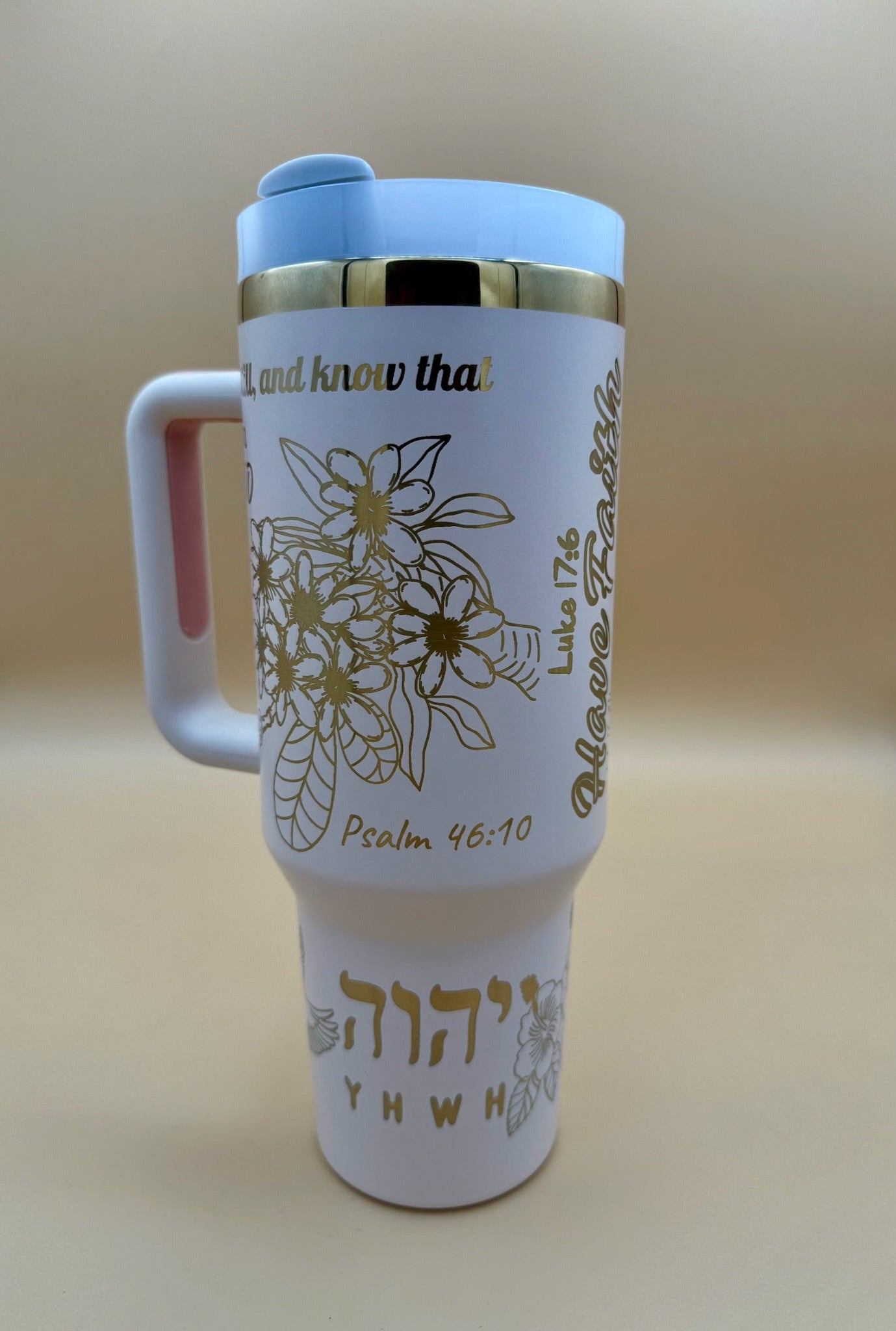 YHWH Scripture Tumbler – Psalm 46:10 & Luke 17:6 – Tree of Life – 40oz Faith Gift - His Word Designs