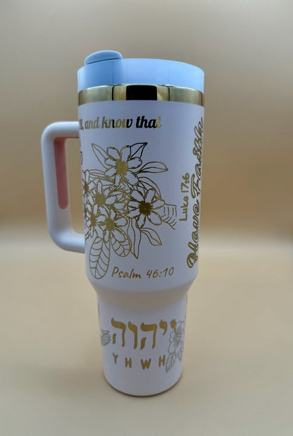 YHWH Scripture Tumbler – Psalm 46:10 & Luke 17:6 – Tree of Life – 40oz Faith Gift - His Word Designs