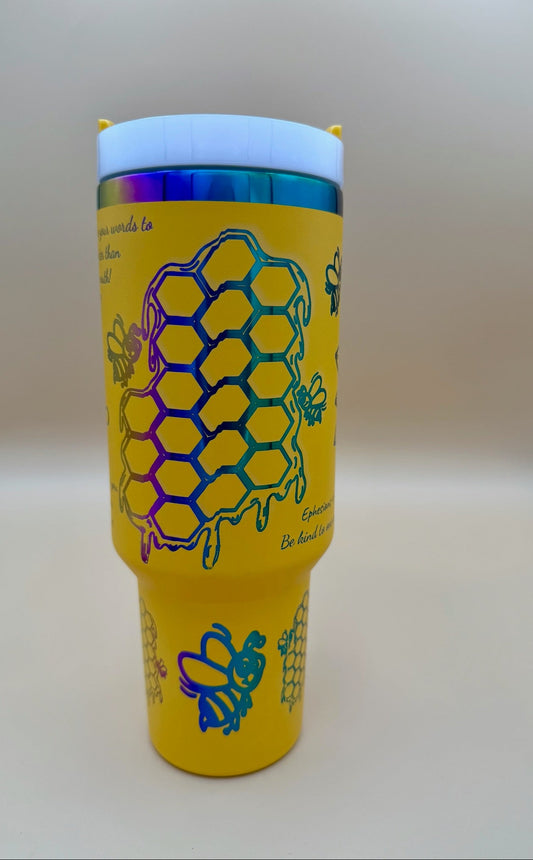 “Be Sweet & Kind” Engraved 40oz Yellow Tumbler – Bees, Sunflowers & Scripture Gift - HisWord Designs