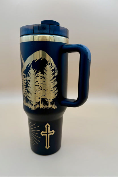 Faith Can Move Mountains Tumbler 40oz | Matthew 17:20 Scripture | Hand - Drawn Engraved Christian Gift | Mountaintop Experience - HisWord Designs