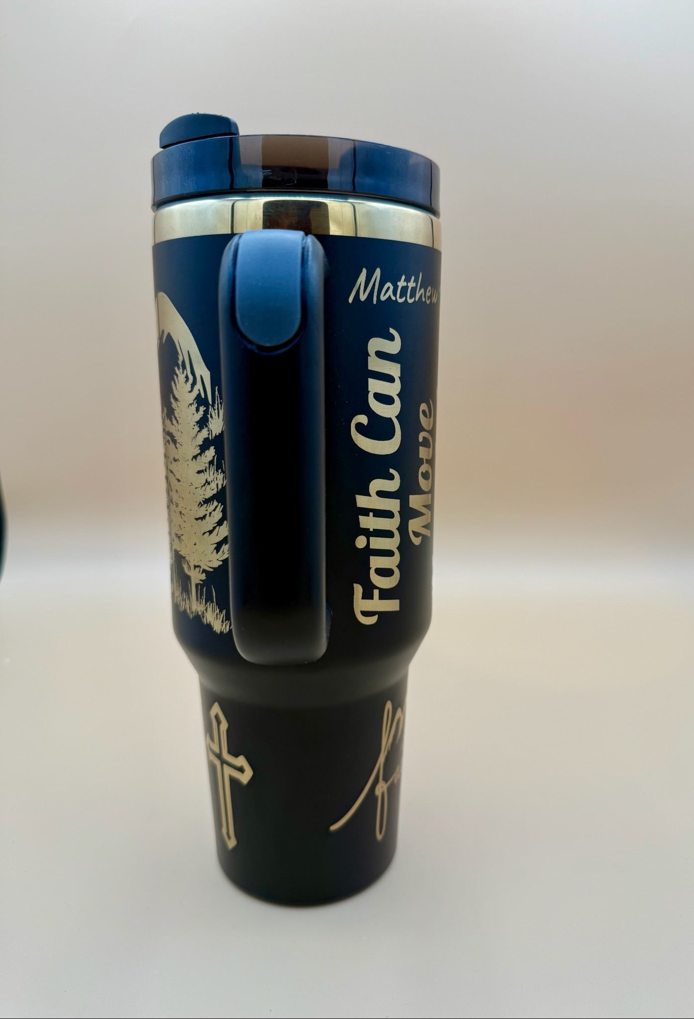 Faith Can Move Mountains Tumbler 40oz | Matthew 17:20 Scripture | Hand - Drawn Engraved Christian Gift | Mountaintop Experience - HisWord Designs