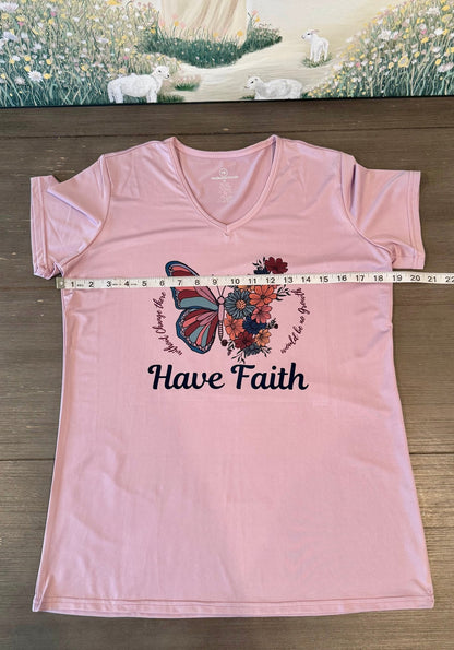 Have Faith Butterfly Women’s V - Neck T-Shirt – Hand - Drawn Floral Design - HisWord Designs