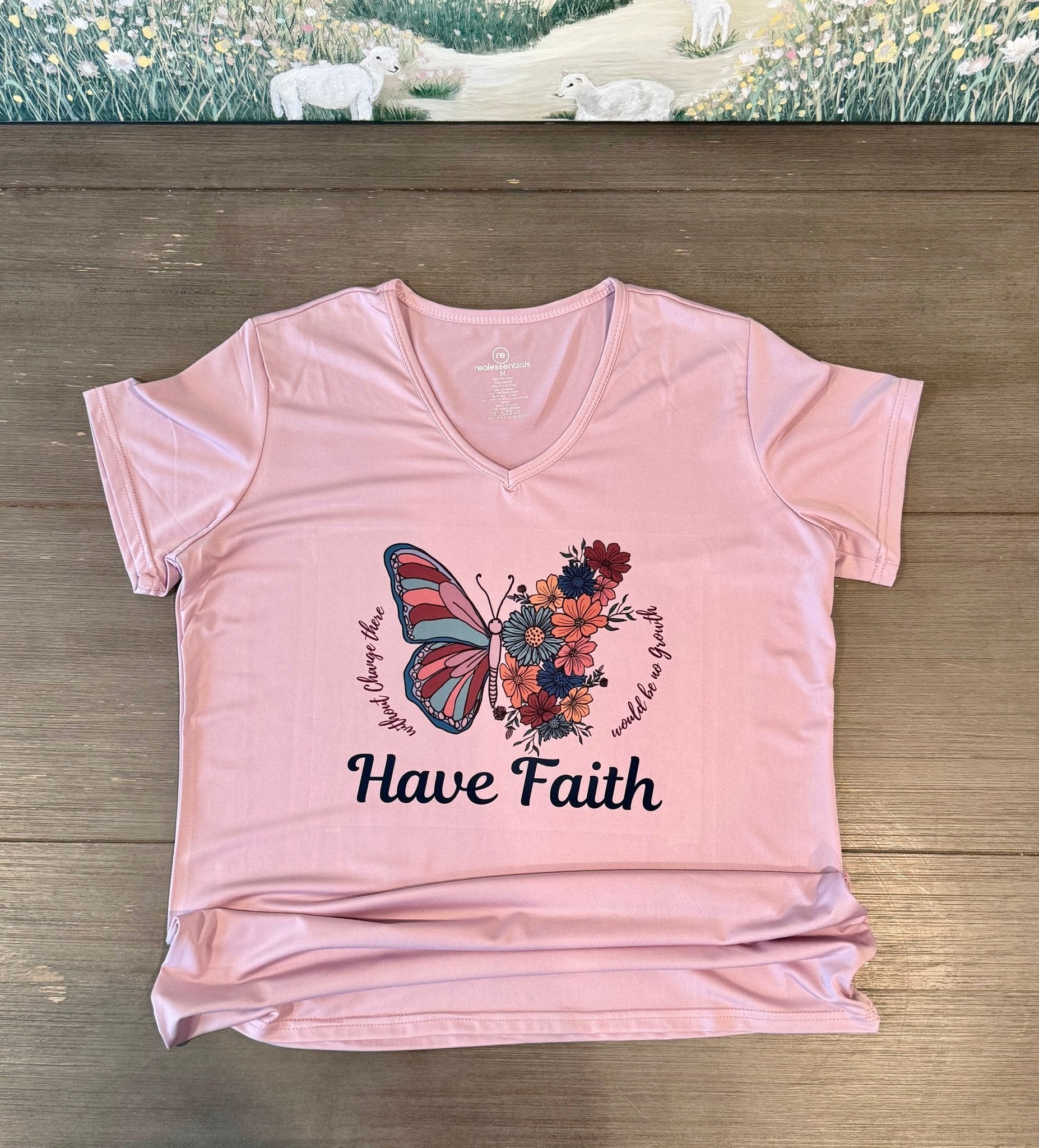 Have Faith Butterfly Women’s V - Neck T-Shirt – Hand - Drawn Floral Design - HisWord Designs