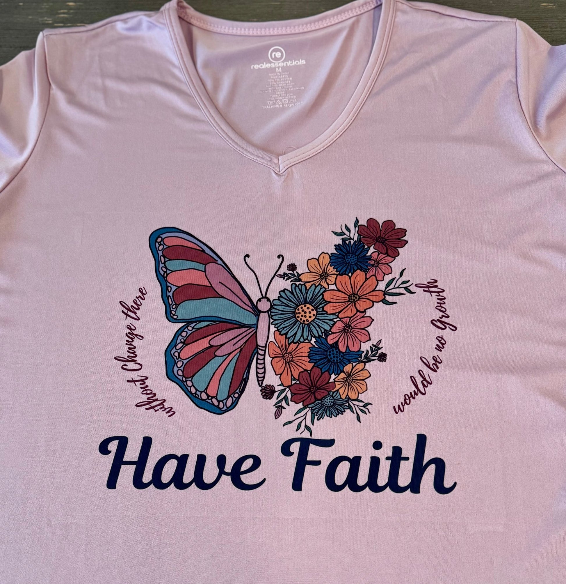 Have Faith Butterfly Women’s V - Neck T-Shirt – Hand - Drawn Floral Design - HisWord Designs