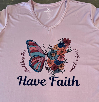 Have Faith Butterfly Women’s V - Neck T-Shirt – Hand - Drawn Floral Design - HisWord Designs