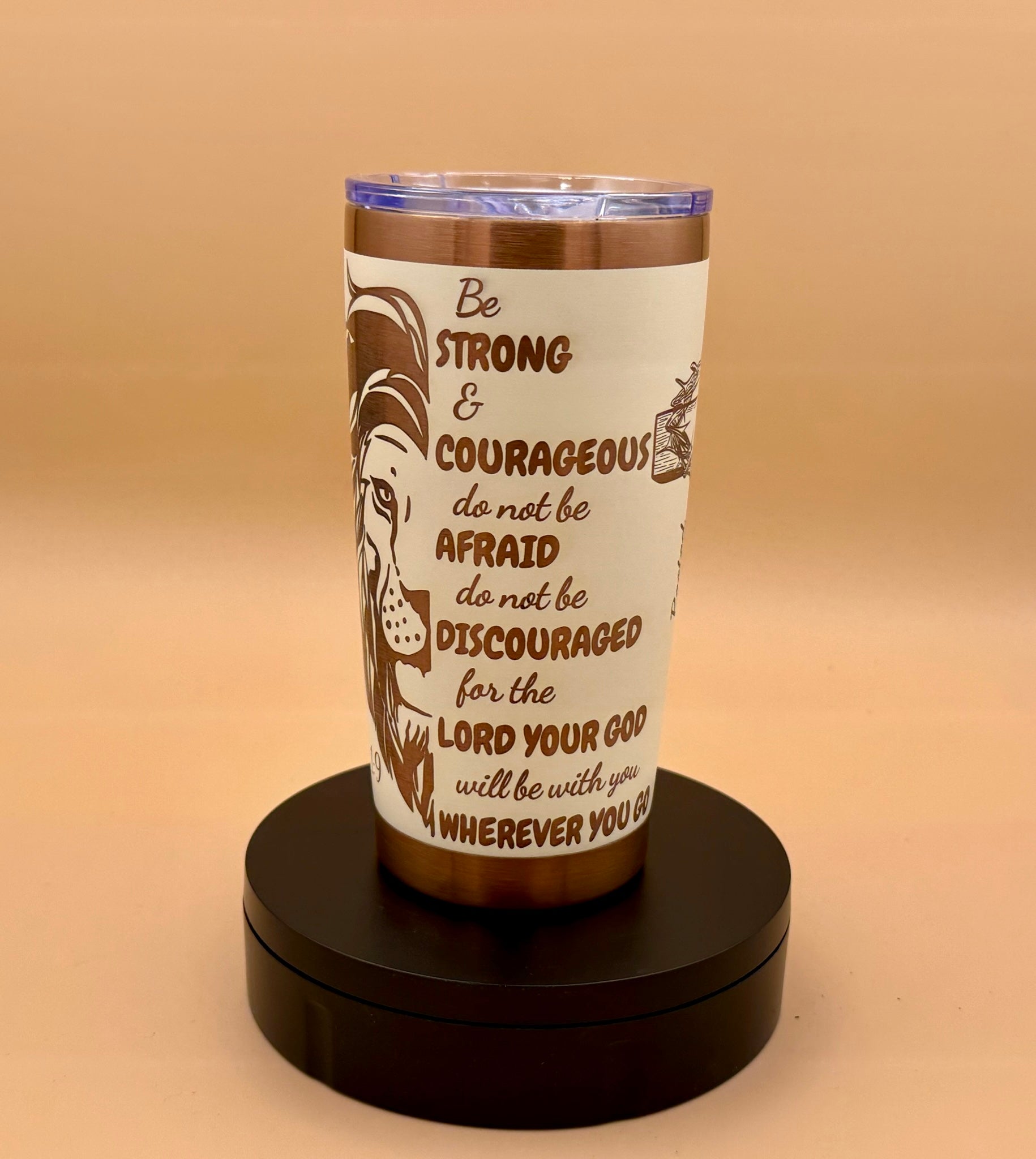 Joshua 1:9 Christian Lion Faith Tumbler | Engraved Copper Reveal 20 oz Cup - His Word Designs