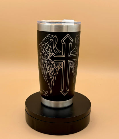 Coffee & Grace Christian Tumbler | Winged Cross Engraved 20 oz - His Word Designs