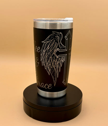Coffee & Grace Christian Tumbler | Winged Cross Engraved 20 oz - His Word Designs