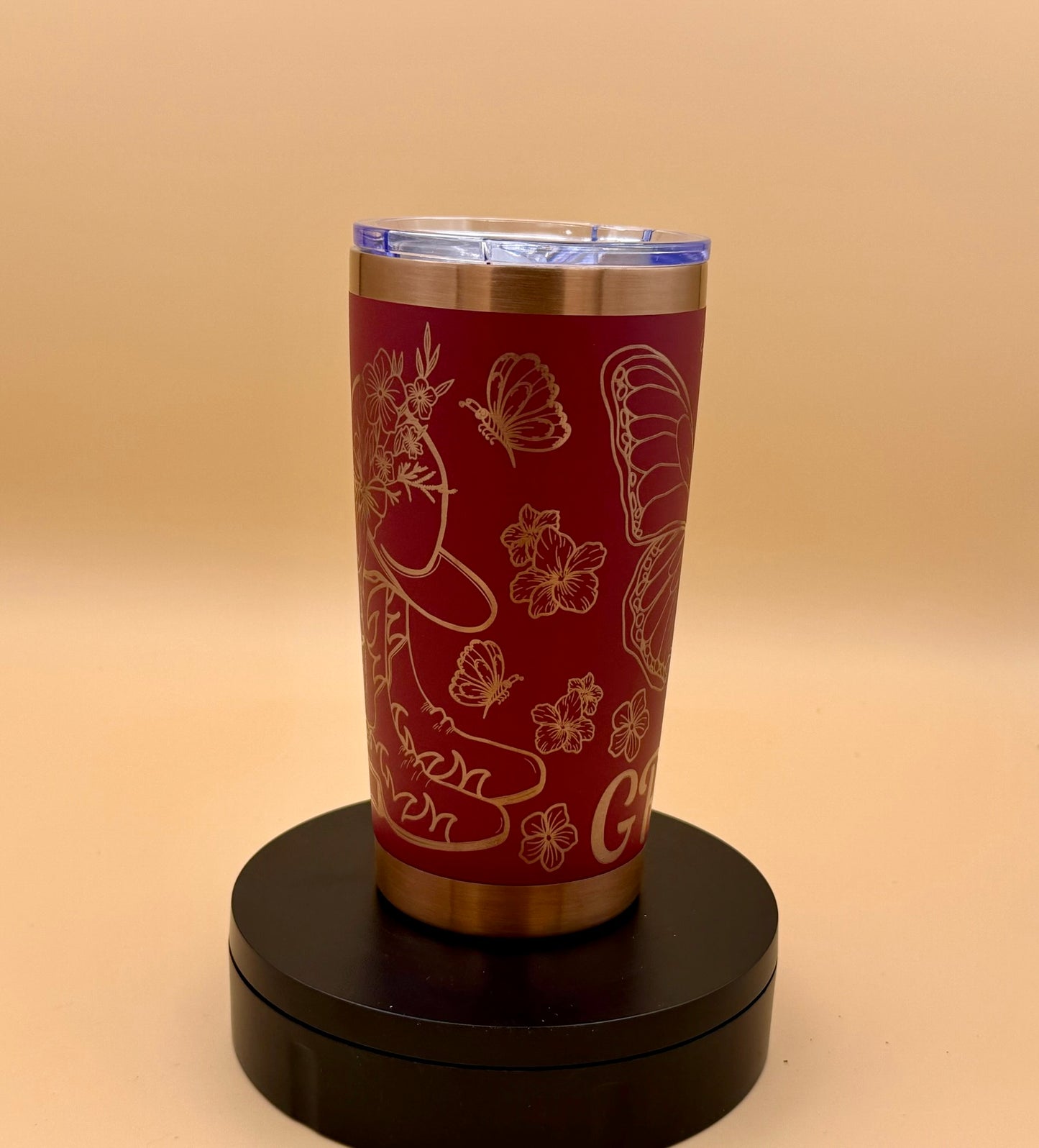 Grace Cowgirl Christian Tumbler | Butterfly Floral Maroon Red Copper Engraved 20 oz - His Word Designs
