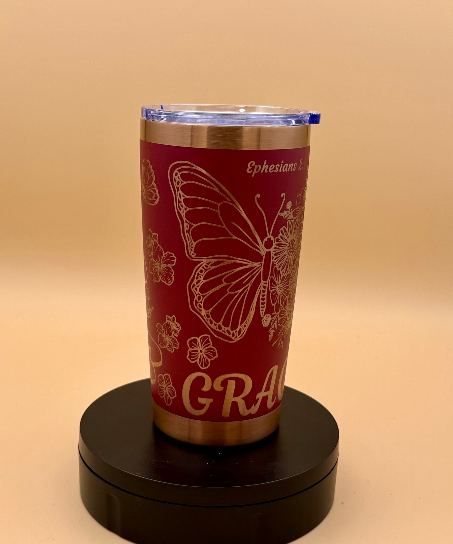 Grace Cowgirl Christian Tumbler | Butterfly Floral Maroon Red Copper Engraved 20 oz - His Word Designs