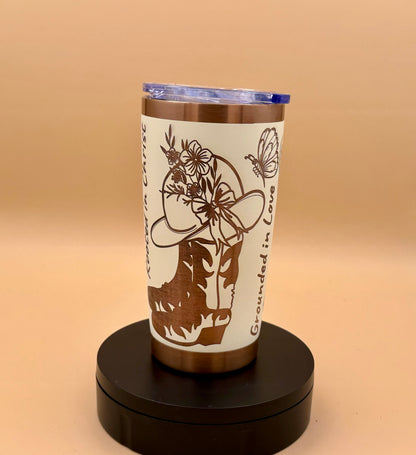 Blessed Butterfly Cowgirl Boots Christian Tumbler | Rooted in Christ Engraved Copper Reveal 20 oz - His Word Designs