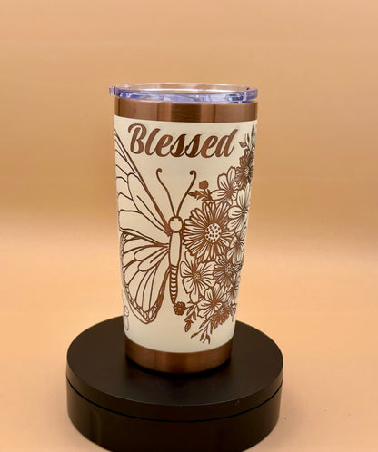 Blessed Butterfly Cowgirl Boots Christian Tumbler | Rooted in Christ Engraved Copper Reveal 20 oz - His Word Designs