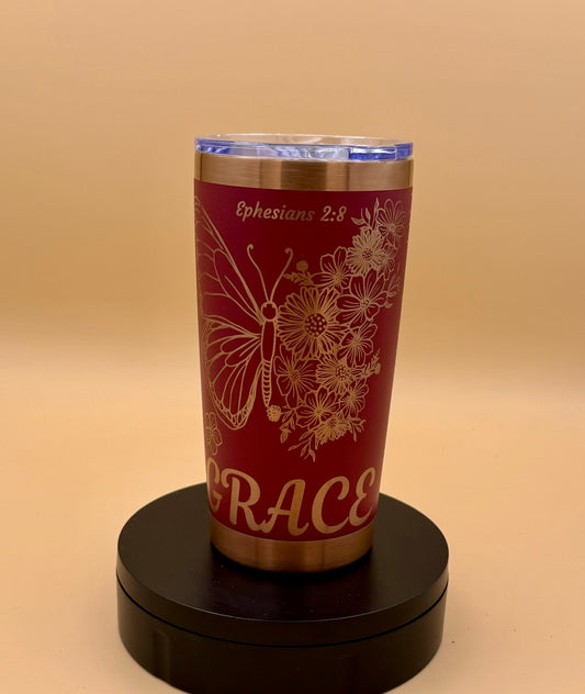 Grace Cowgirl Christian Tumbler | Butterfly Floral Maroon Red Copper Engraved 20 oz - HisWord Designs