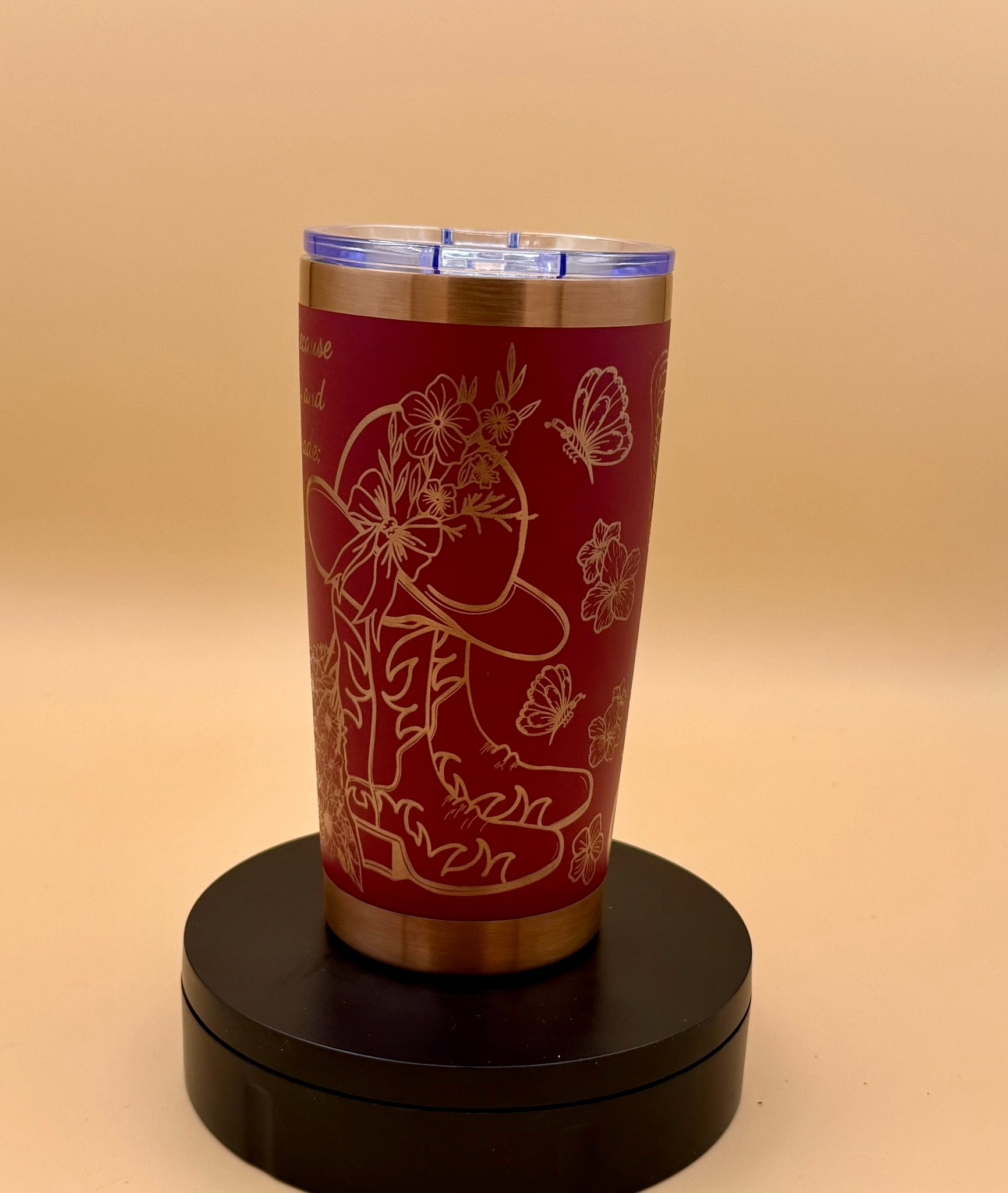 Grace Cowgirl Christian Tumbler | Butterfly Floral Maroon Red Copper Engraved 20 oz - His Word Designs