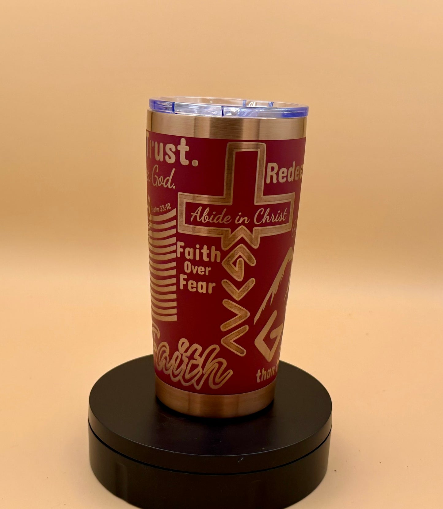 In God We Trust Patriotic Christian Tumbler | Eagle & US Flag Maroon Red Copper Engraved 20 oz - His Word Designs