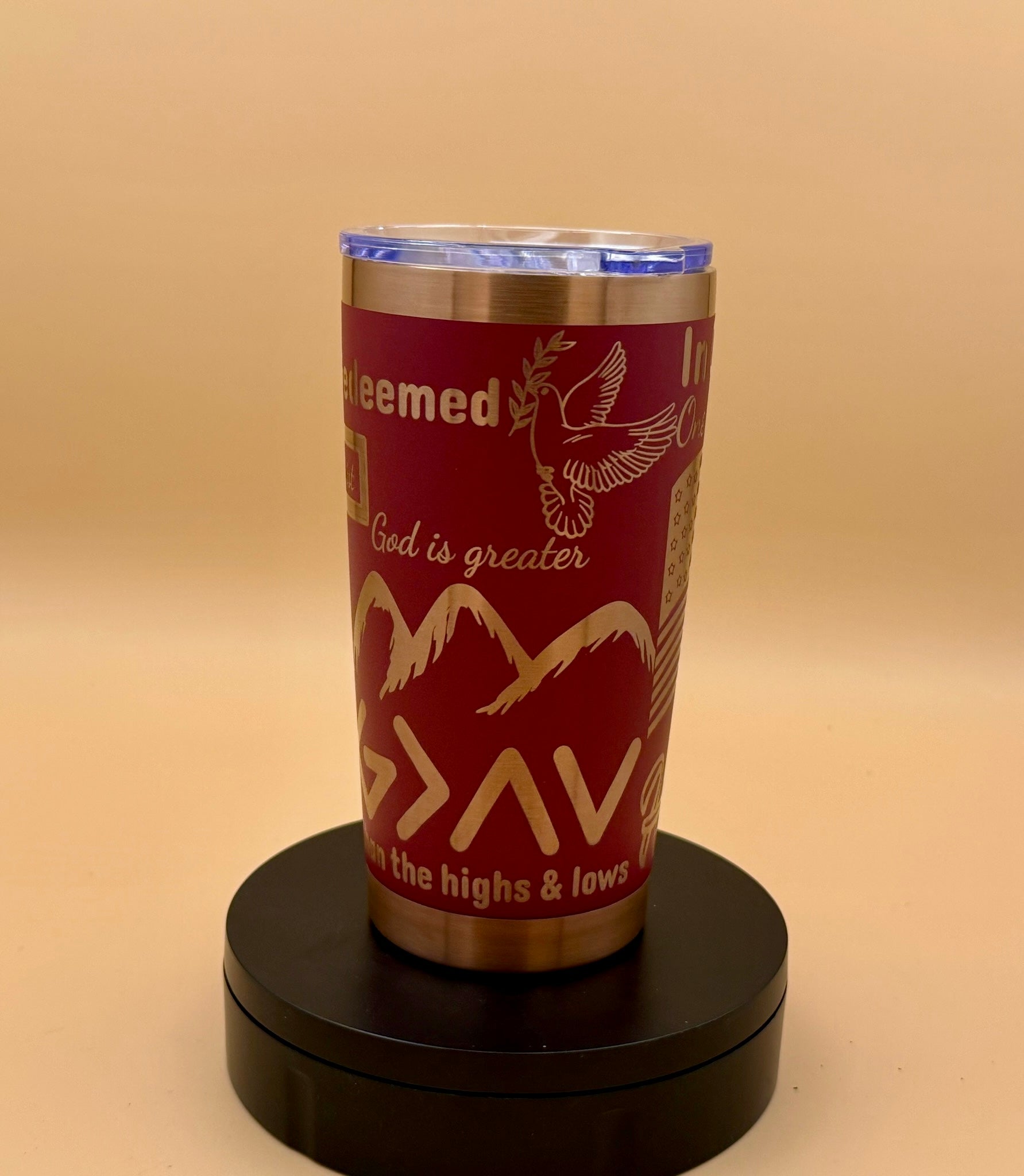 In God We Trust Patriotic Christian Tumbler | Eagle & US Flag Maroon Red Copper Engraved 20 oz - His Word Designs