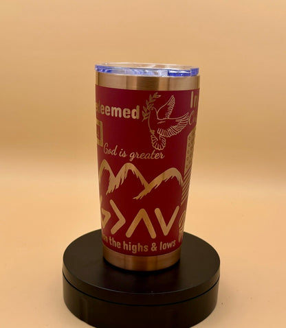 In God We Trust Patriotic Christian Tumbler | Eagle & US Flag Maroon Red Copper Engraved 20 oz - His Word Designs