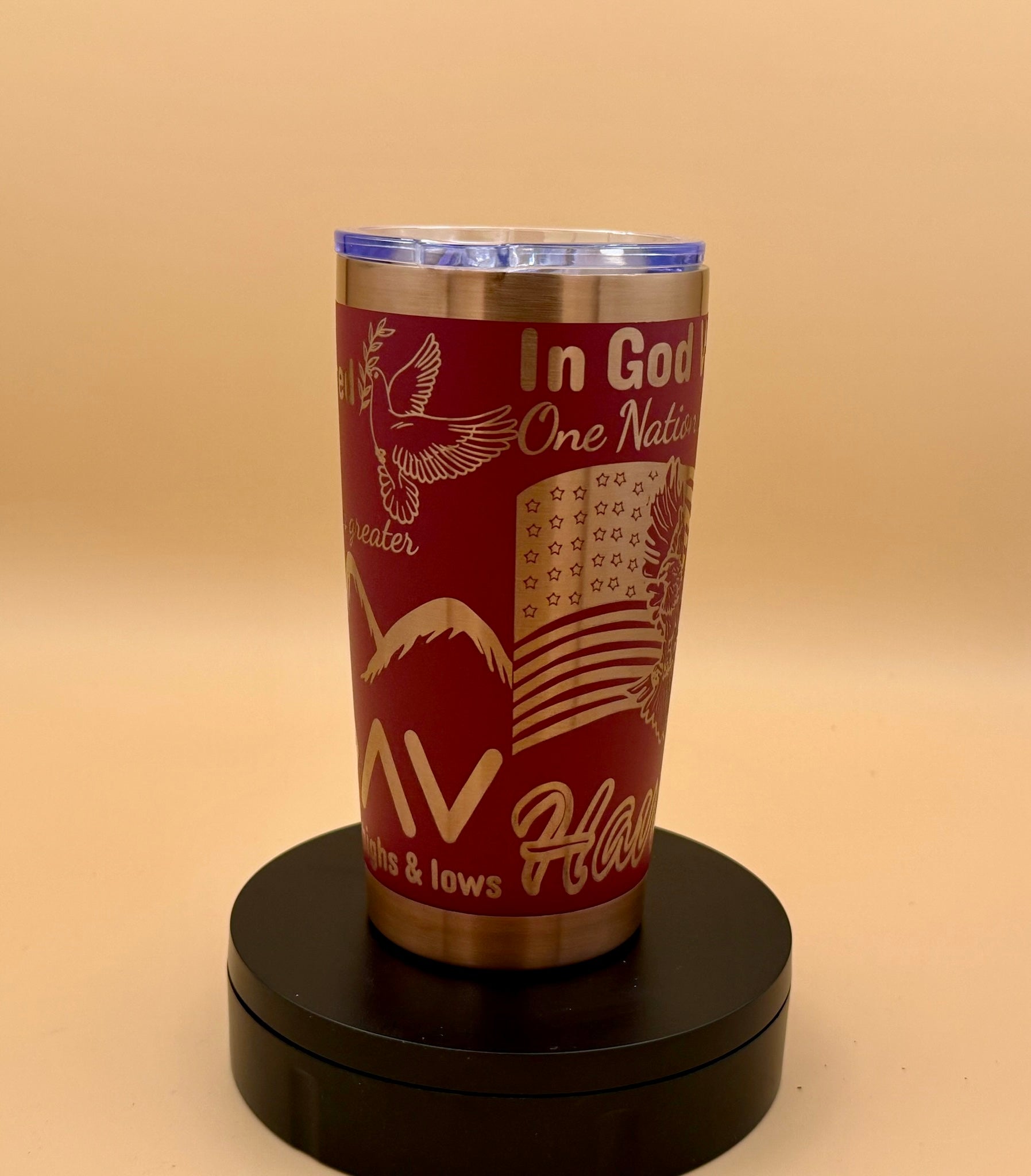 In God We Trust Patriotic Christian Tumbler | Eagle & US Flag Maroon Red Copper Engraved 20 oz - His Word Designs