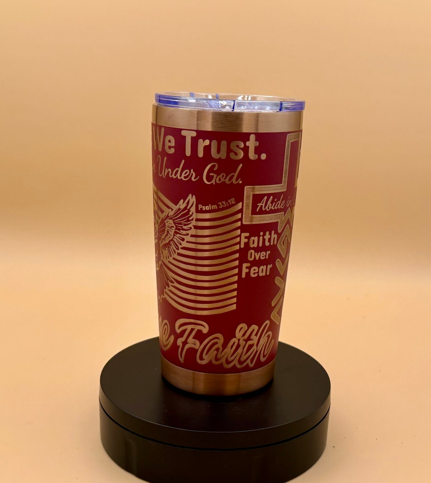 In God We Trust Patriotic Christian Tumbler | Eagle & US Flag Maroon Red Copper Engraved 20 oz - His Word Designs