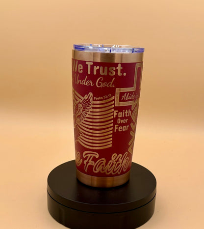 In God We Trust Patriotic Christian Tumbler | Eagle & US Flag Maroon Red Copper Engraved 20 oz - His Word Designs