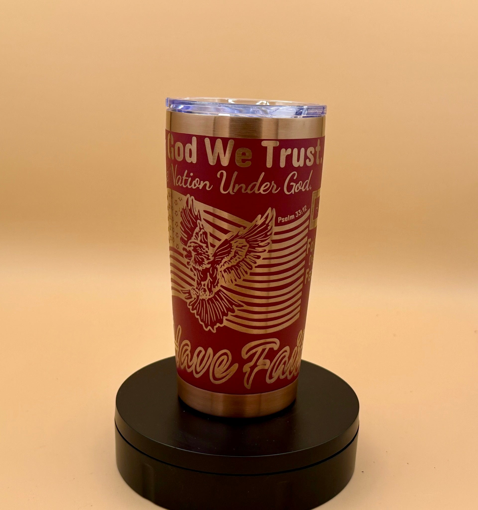 In God We Trust Patriotic Christian Tumbler | Eagle & US Flag Maroon Red Copper Engraved 20 oz - His Word Designs