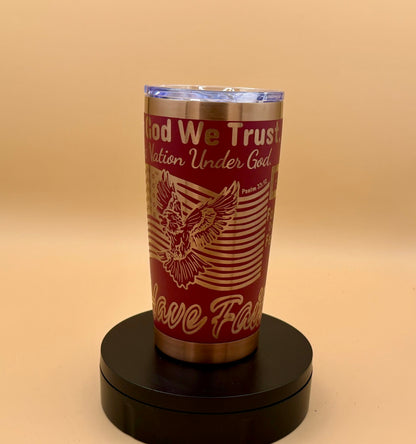 In God We Trust Patriotic Christian Tumbler | Eagle & US Flag Maroon Red Copper Engraved 20 oz - His Word Designs