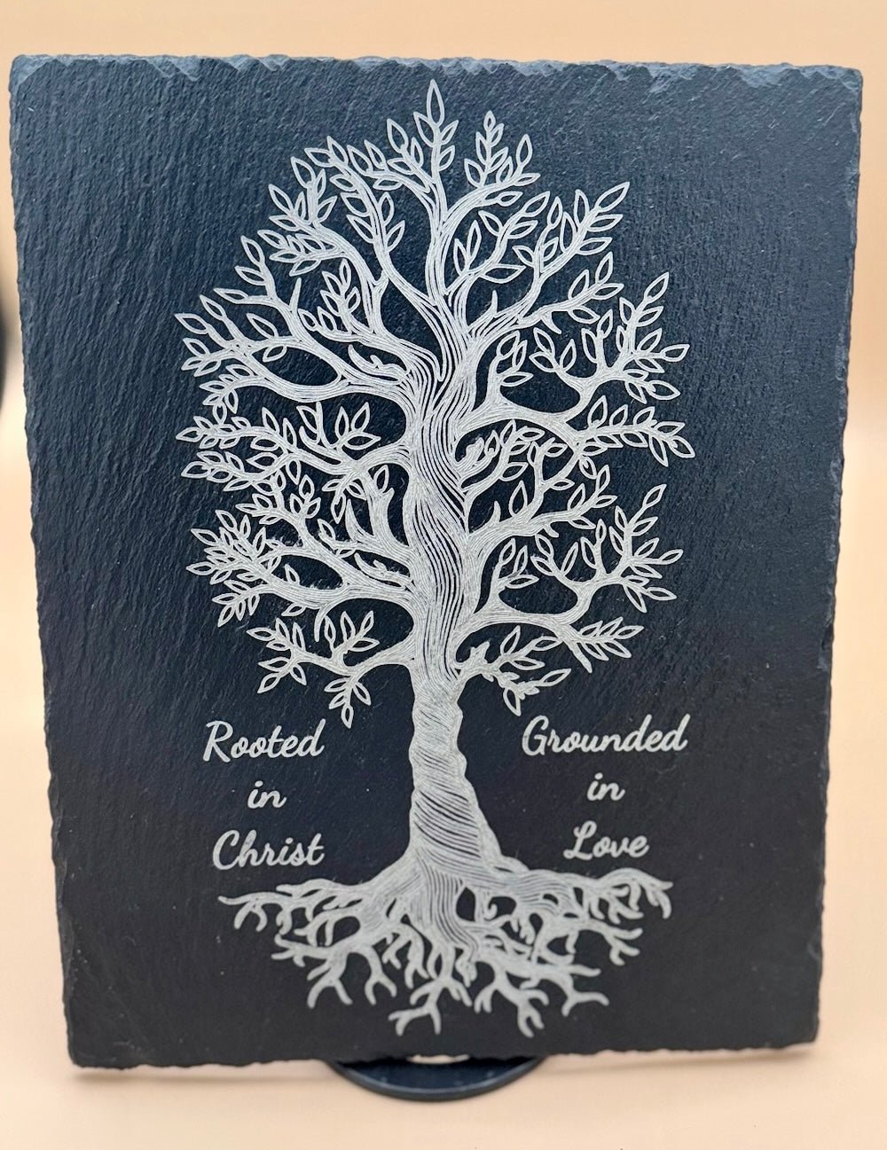Rooted in Christ Slate Plaque | Christian Tree of Life Decor | Rooted and Grounded in Love Sign | Faith Wall Art | Christian Gift - HisWord Designs
