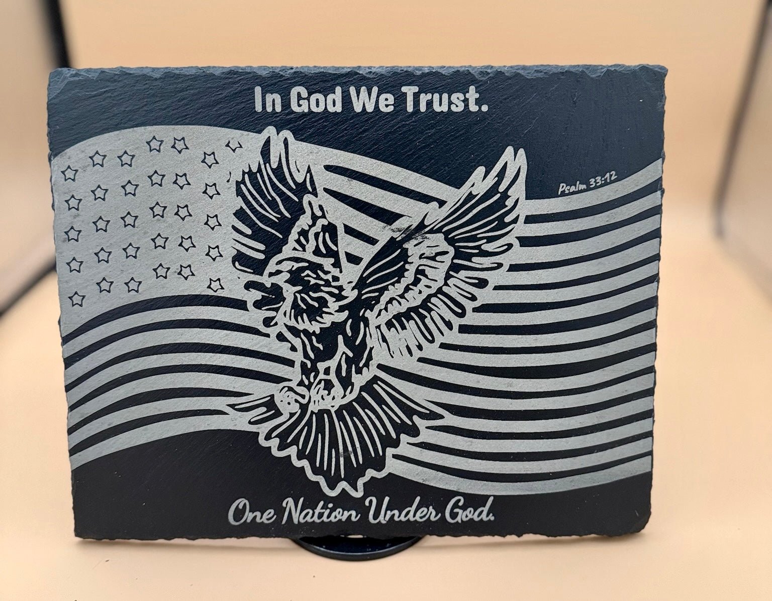 In God We Trust Slate Plaque | Christian Patriotic Decor | American Flag Eagle Engraved Slate | One Nation Under God Sign | Faith & Freedom Gift - HisWord Designs