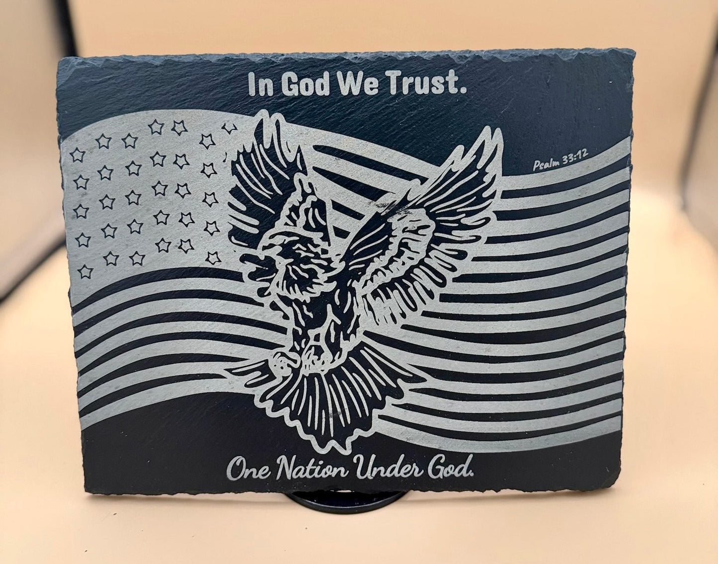 In God We Trust Slate Plaque | Christian Patriotic Decor | American Flag Eagle Engraved Slate | One Nation Under God Sign | Faith & Freedom Gift - HisWord Designs
