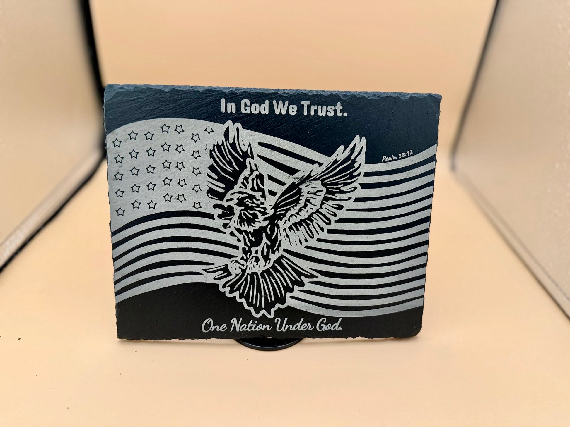 In God We Trust Slate Plaque | Christian Patriotic Decor | American Flag Eagle Engraved Slate | One Nation Under God Sign | Faith & Freedom Gift - HisWord Designs