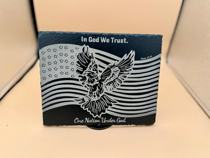 In God We Trust Slate Plaque | Christian Patriotic Decor | American Flag Eagle Engraved Slate | One Nation Under God Sign | Faith & Freedom Gift - HisWord Designs