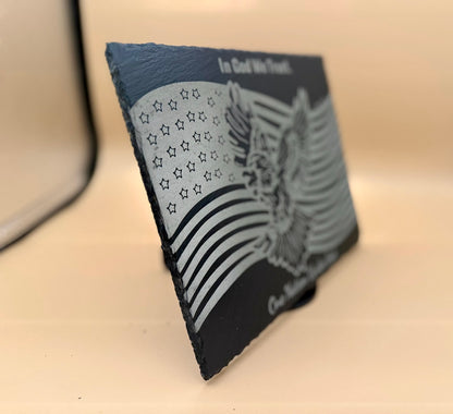 In God We Trust Slate Plaque | Christian Patriotic Decor | American Flag Eagle Engraved Slate | One Nation Under God Sign | Faith & Freedom Gift - HisWord Designs