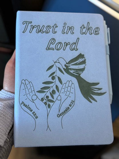 “Trust in the Lord” – Custom Engraved Journal with Pen (Psalms 52:8 & Genesis 8:11) - HisWord Designs