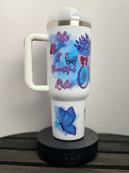 Just Keep Pedaling Butterfly Tumbler – 40 oz Inspirational Drinkware - HisWord Designs