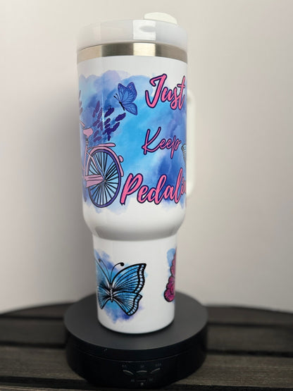 Just Keep Pedaling Butterfly Tumbler – 40 oz Inspirational Drinkware - HisWord Designs