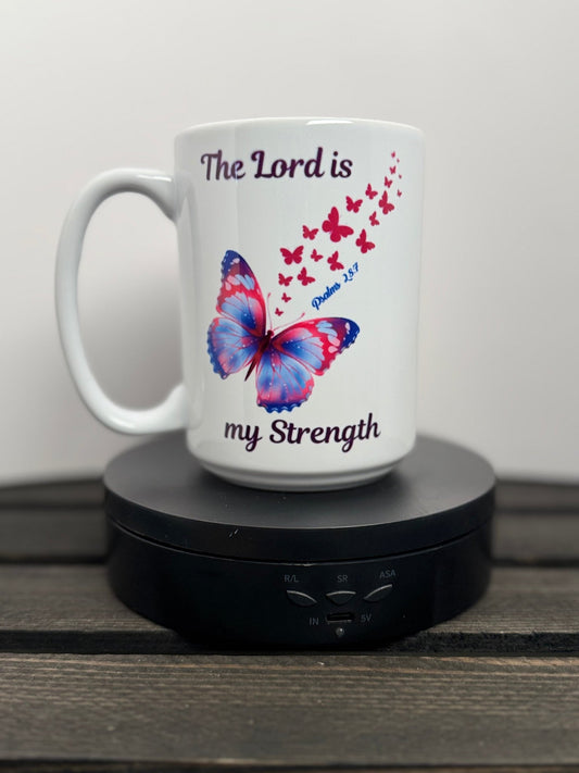 The Lord is My Strength – Psalm 28:7 Butterfly Mug (15 oz) - HisWord Designs