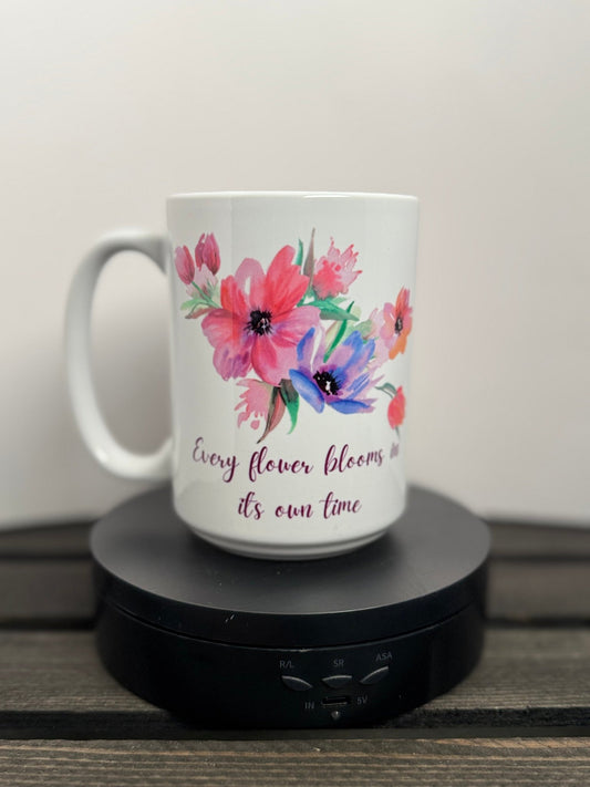 Every Flower Blooms in Its Own Time – Watercolor Floral Mug (15 oz) - HisWord Designs