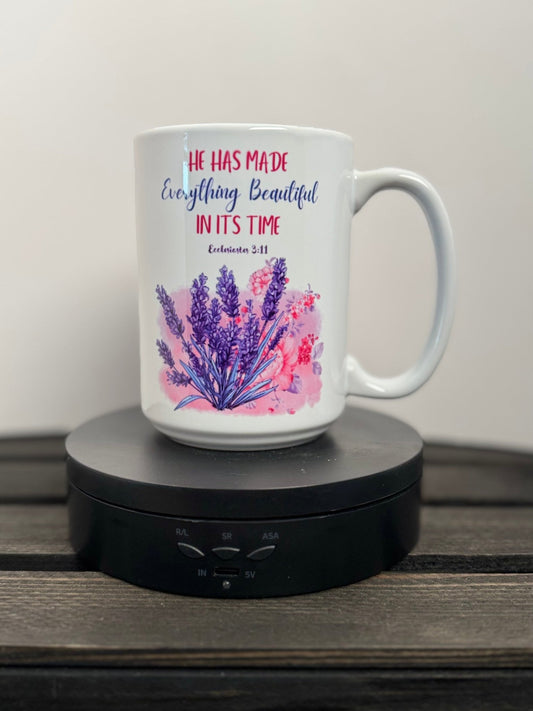 He Has Made Everything Beautiful – Lavender or Hydrangea Floral Scripture Mug (15 oz) - HisWord Designs