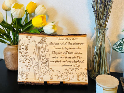 Jesus & Sheep Sign, One Shepherd One flock, Christian wood wall art, Hand - drawn art, John 10:16, Faith - Based Wood Decor, Gift for him or her - HisWord Designs