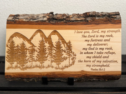 Mountain & Forest Sign, Christian Wall Art, Handmade Basswood Decor, Rustic Scripture Gift, Psalm 18:1 - 2 God is My Rock, For Couples, Cabins - HisWord Designs