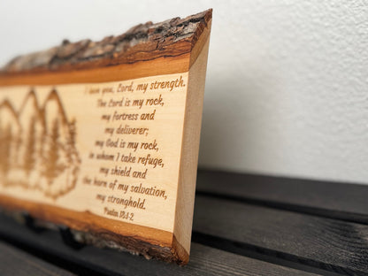 Mountain & Forest Sign, Christian Wall Art, Handmade Basswood Decor, Rustic Scripture Gift, Psalm 18:1 - 2 God is My Rock, For Couples, Cabins - HisWord Designs